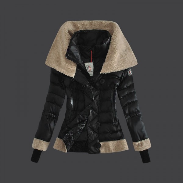 Moncler Donna Giù cappotto di lana del collare nero Presa M1025